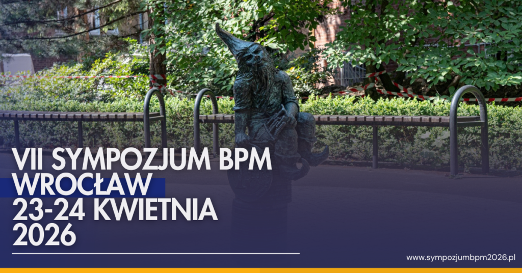 Napis "VII SYMPOZJUM BPM WROCŁAW 22-24 KWIETNIA 2026", krasnal w tle